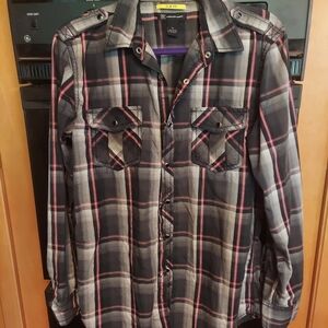 Inc cotton ls black red plaid snap button shirt medium